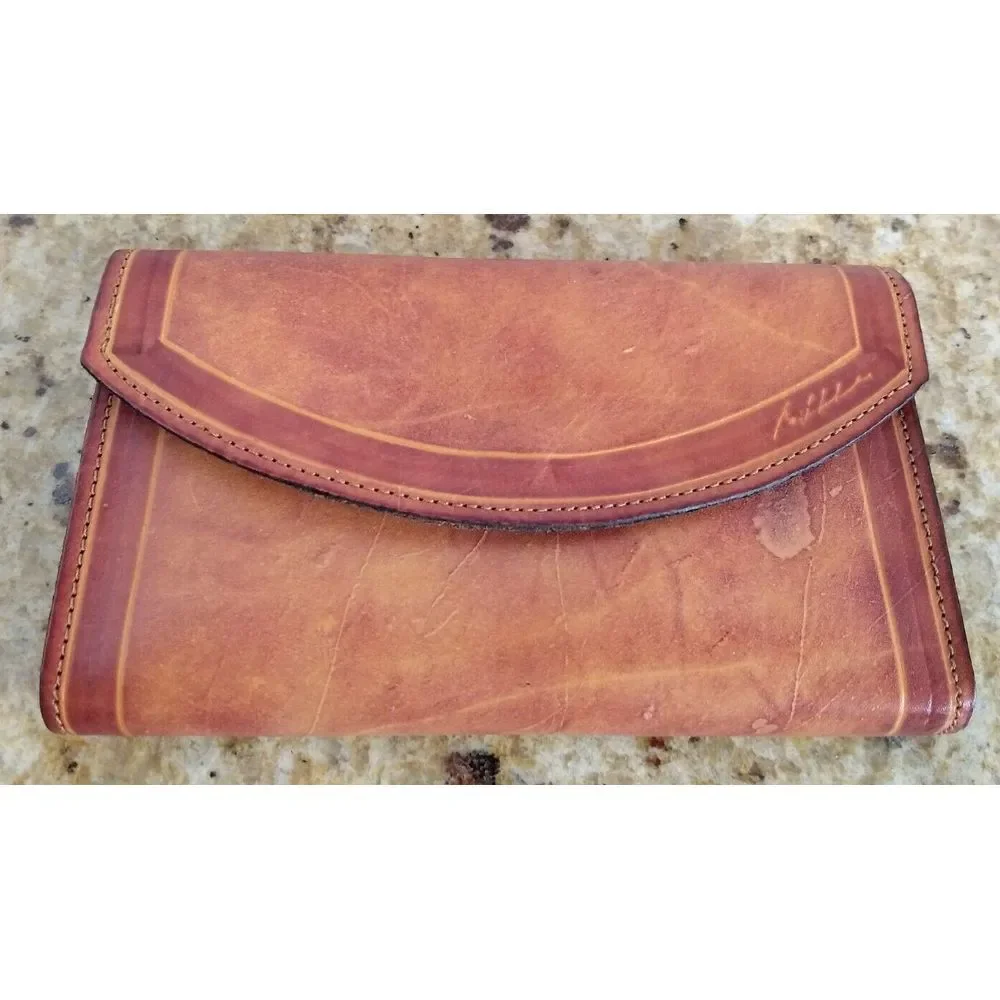 SWIB Top Grain Leather Check Book Wallet Clutch Rustic Snap Close USA Vintage‎